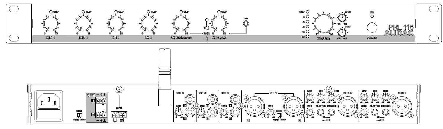 AUDAC PRE116, однозонный стереофонический микшер-предусилитель